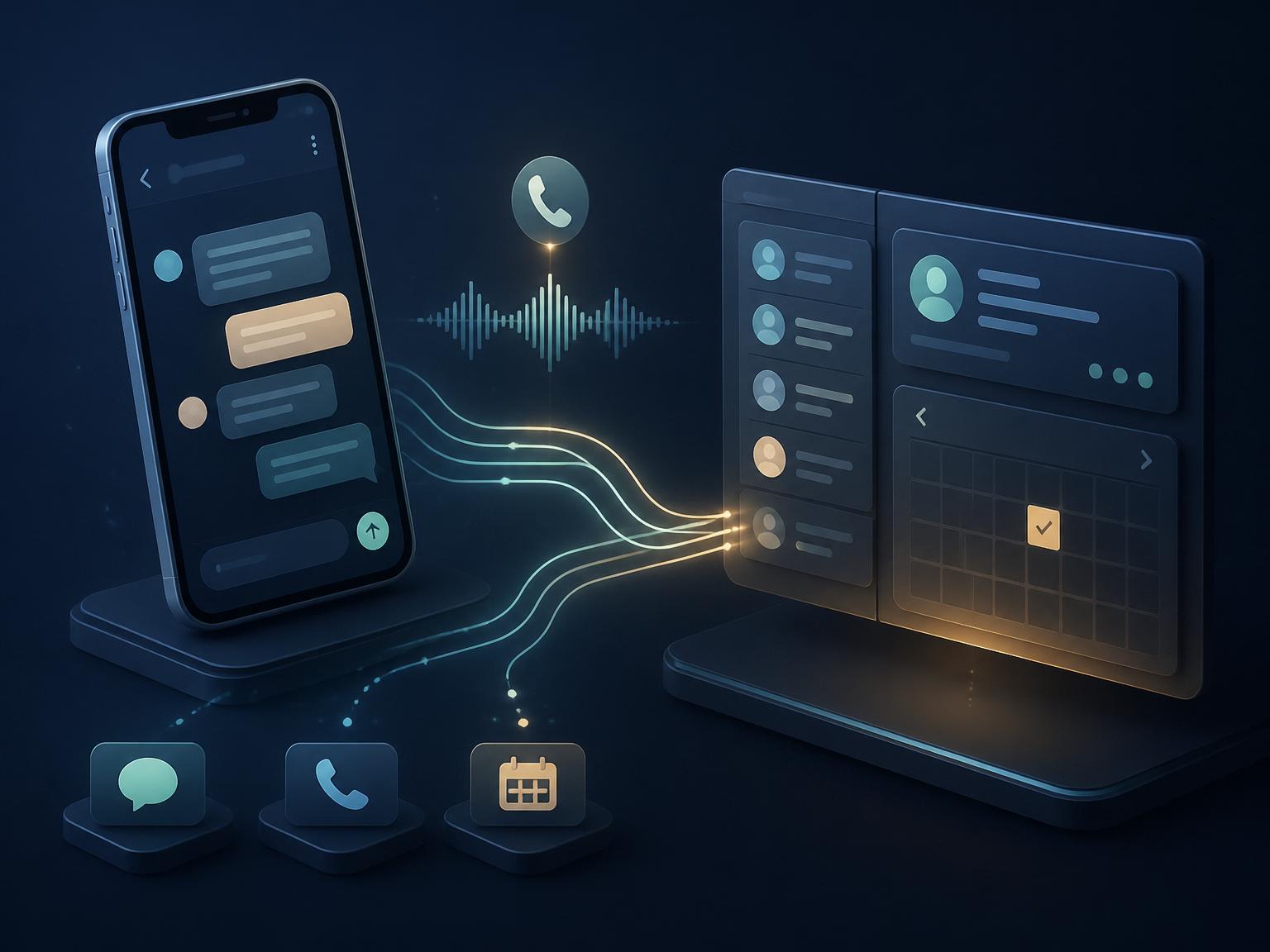 AI receptionist workflow showing phone calls, SMS follow-up, CRM contact records and calendar bookings for a small business